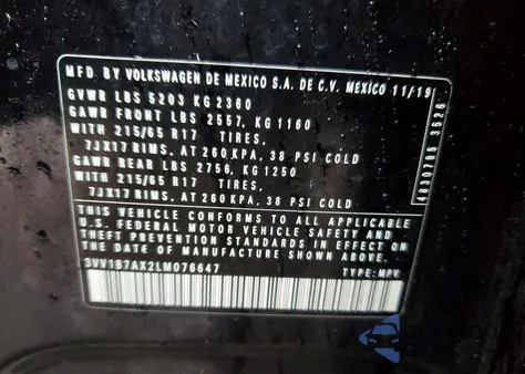 2020 Volkswagen Tiguan S z USA, uszkodzony, nr VIN 3VV1B7AX2LM076647